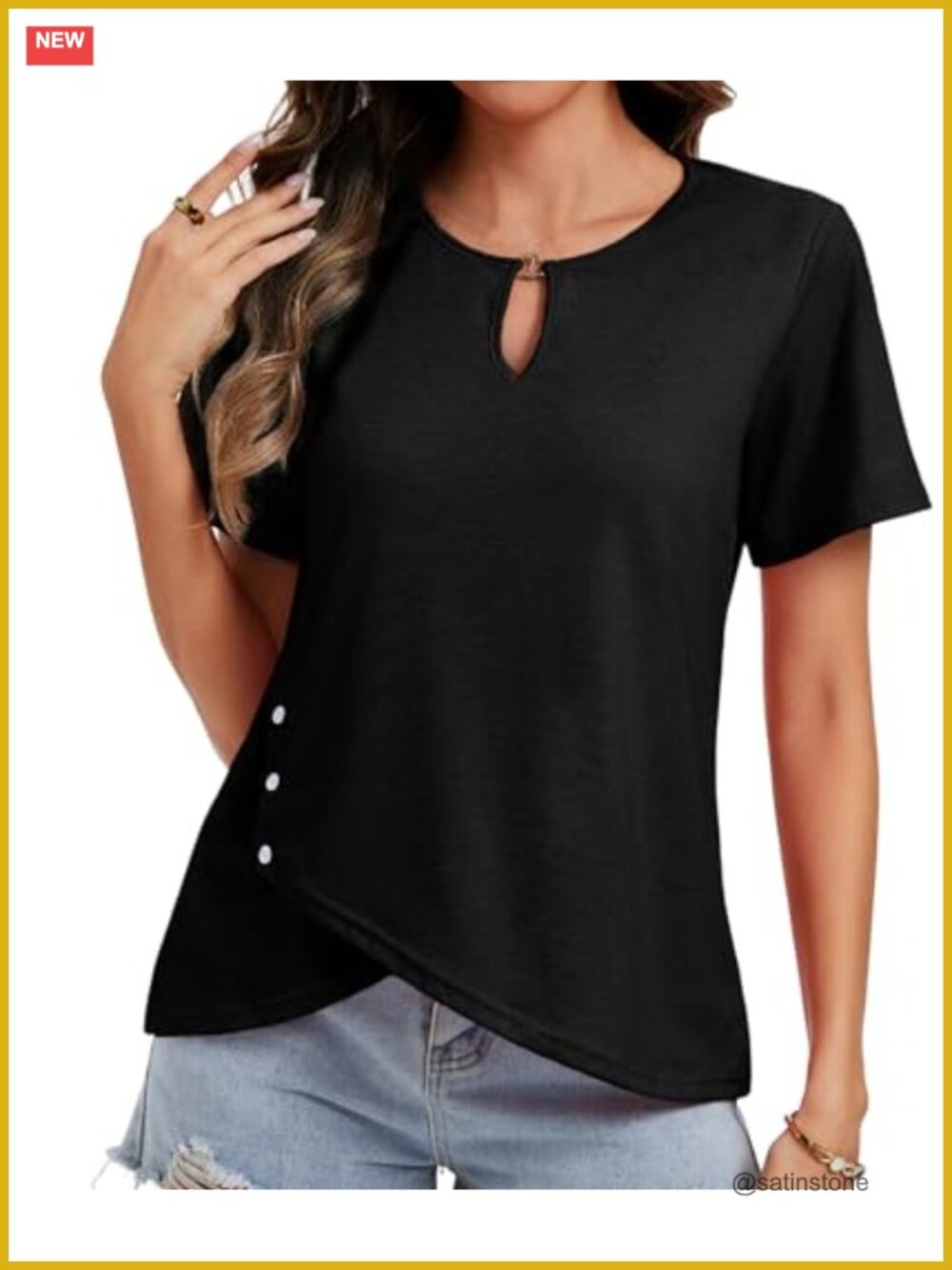 Women's Short Sleeve Asymmetric Hem T-Shirt with Side Buckle - Soft Stretch